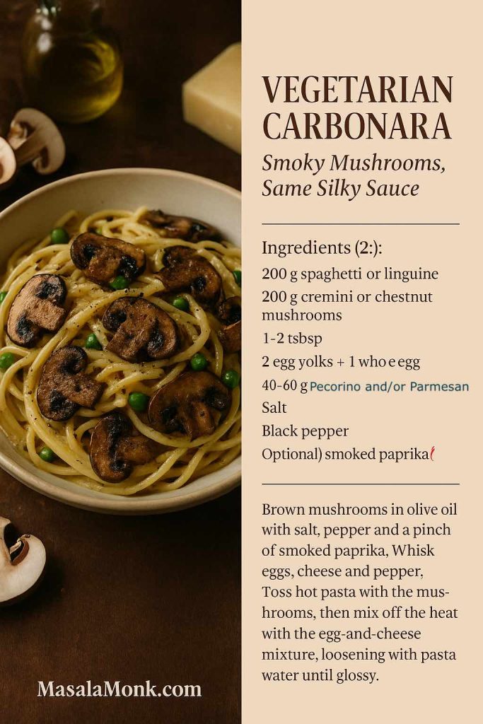 Recipe card showing a bowl of vegetarian carbonara made with spaghetti, browned mushrooms and peas beside ingredients and directions for a smoky mushroom carbonara.