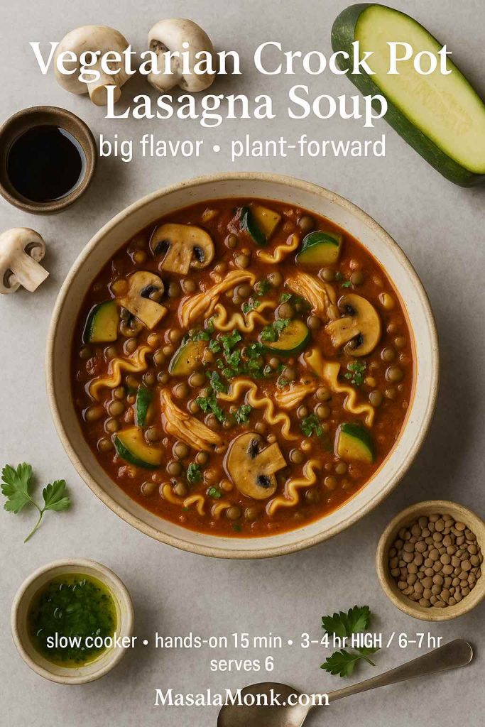 Vegetarian crock pot lasagna soup with tomato broth, mushrooms, zucchini, brown lentils, ruffled noodles, parsley and herb-oil drizzle.