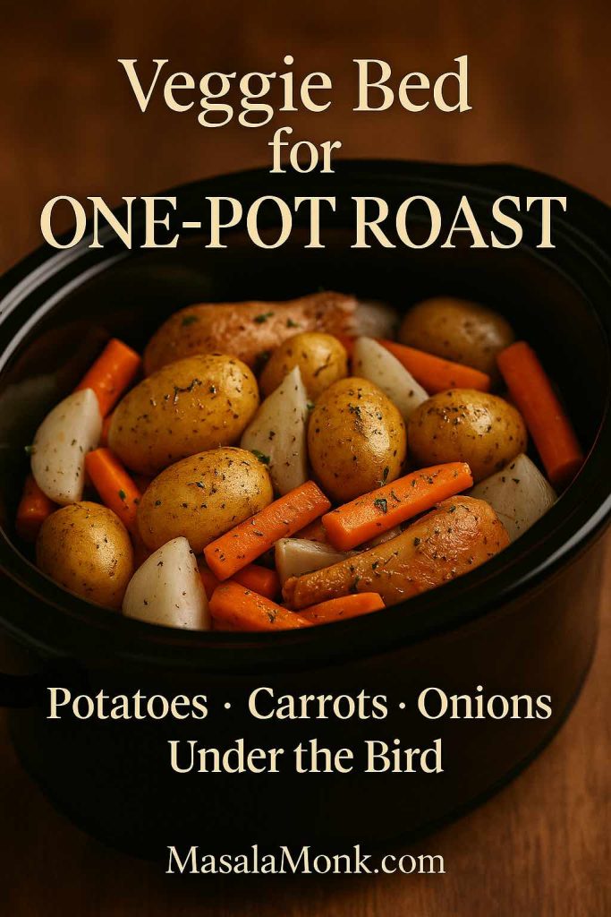 Slow cooker filled with seasoned baby potatoes, carrot sticks and onion wedges, showing the vegetable bed that goes under the whole chicken for a one-pot roast dinner.
