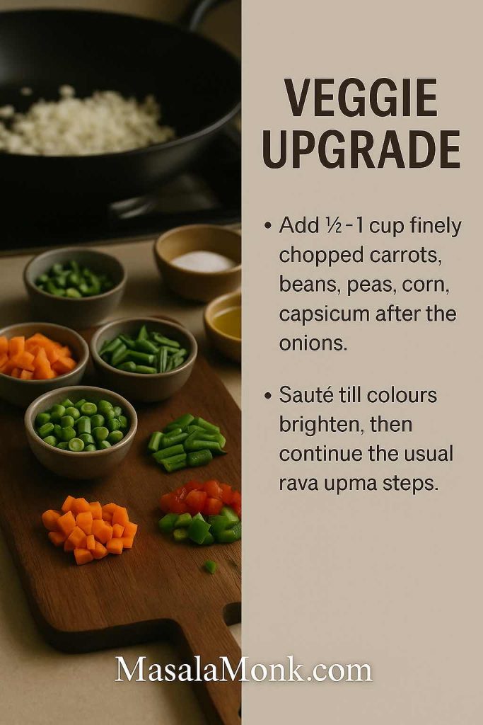 Recipe card style image for vegetable upma showing small bowls of chopped carrots, beans, peas, corn and capsicum on a board with a skillet of onions in the background, plus text explaining to add ½–1 cup mixed veggies after the onions and sauté before continuing the rava upma recipe.