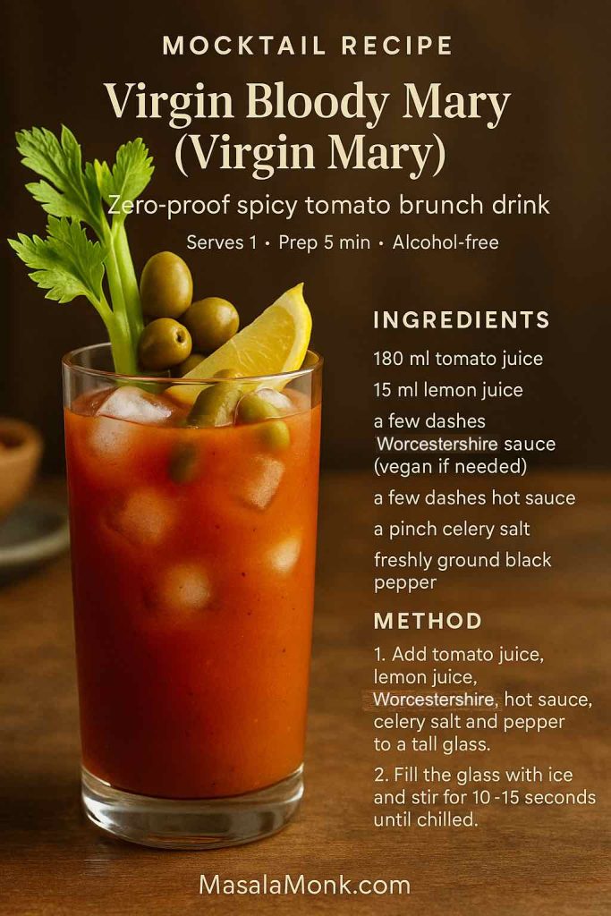 Virgin Bloody Mary mocktail recipe card with a tall tomato juice drink over ice, garnished with celery, olives and lemon on a wooden table, MasalaMonk.com