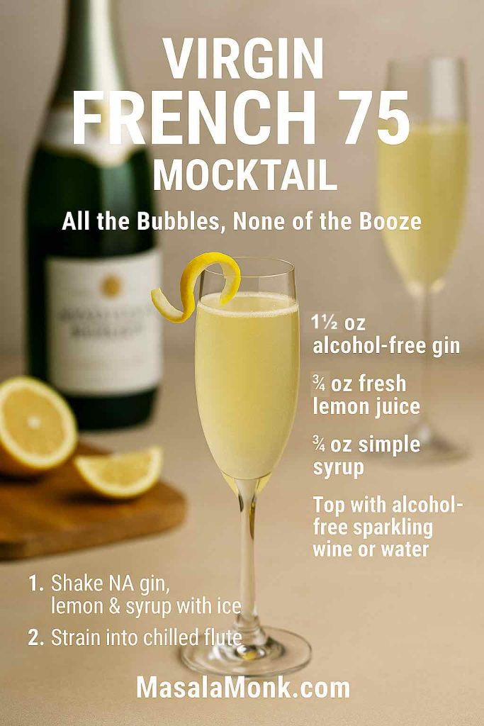 Virgin French 75 mocktail recipe card showing a pale yellow non-alcoholic French 75 in a champagne flute with a lemon twist, alcohol-free sparkling bottle and lemon halves in the background, plus text listing alcohol-free gin, lemon juice, simple syrup, alcohol-free sparkling wine and simple preparation steps.