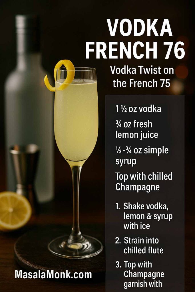 Vodka French 76 cocktail recipe card showing a tall champagne flute with a pale yellow vodka French 76 garnished with a lemon twist, next to a frosted vodka bottle and jigger, with text listing vodka, lemon, simple syrup, Champagne and three simple preparation steps.