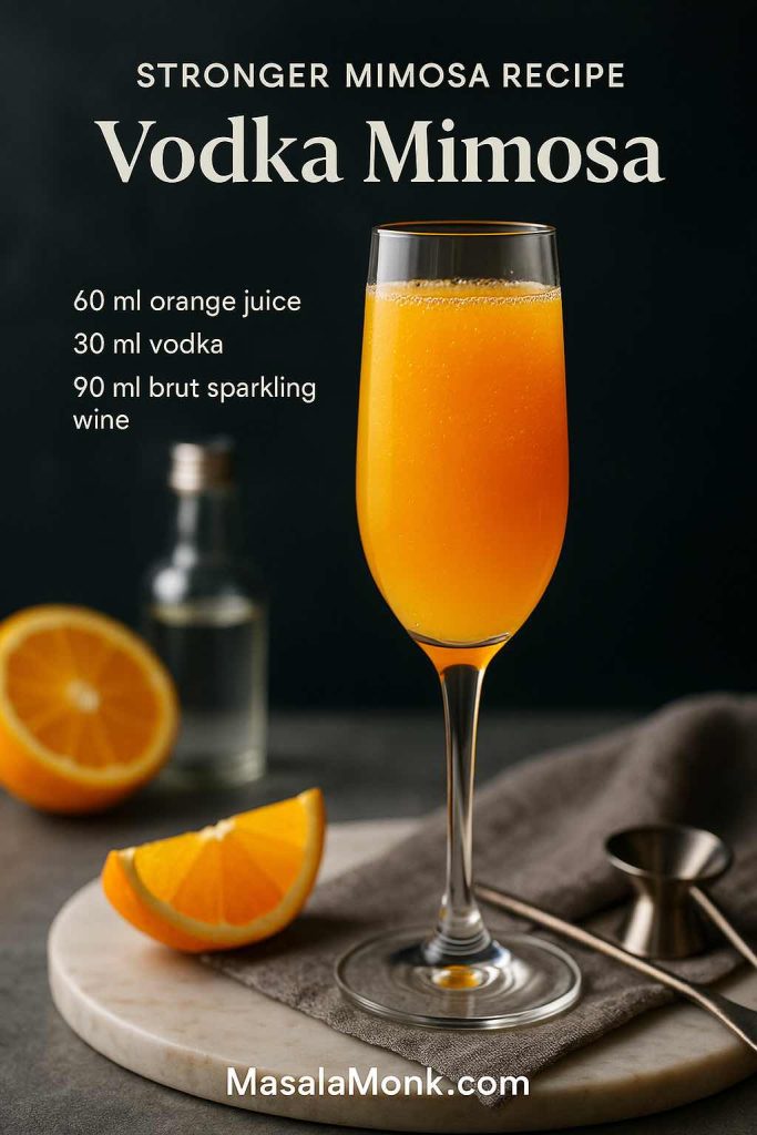 Vodka mimosa recipe card showing a bright orange Champagne flute cocktail made with 60 ml orange juice, 30 ml vodka and 90 ml brut sparkling wine on a modern brunch table, MasalaMonk.com branding.