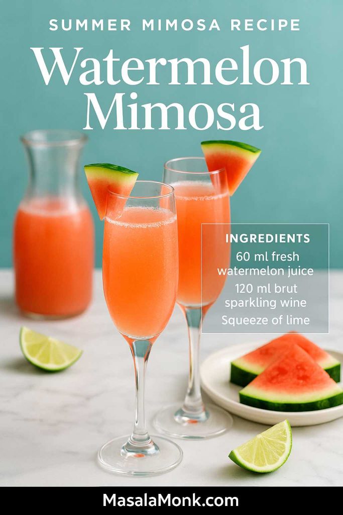 Watermelon mimosa recipe card with a coral pink Champagne flute cocktail made from 60 ml fresh watermelon juice and 120 ml brut sparkling wine, garnished with a watermelon wedge and lime on a sunny summer brunch table, MasalaMonk.com branding.