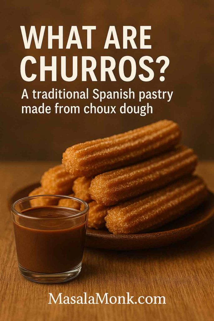 Stack of cinnamon-sugar churros on a plate with a small glass of thick chocolate; “What Are Churros?” cover graphic.