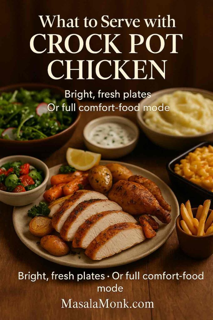 Plate of sliced crock pot chicken with roast potatoes surrounded by green salad, cucumber and tomato salad, tzatziki, mashed potatoes, macaroni and cheese and fries, showing fresh and comfort side dishes to serve with slow cooker chicken.