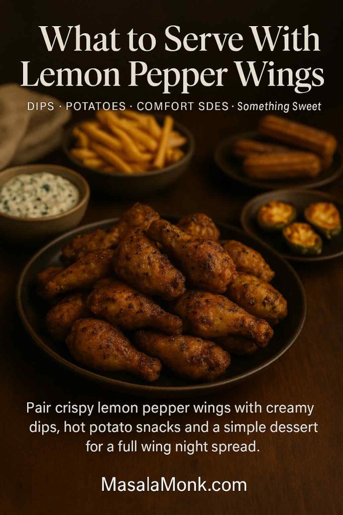 Portrait image of a wing night spread with lemon pepper chicken wings in the center, surrounded by fries, creamy dip, jalapeño poppers and churros on a dark wooden table, with text overlay asking what to serve with lemon pepper wings and suggesting dips, potatoes, comfort sides and something sweet.