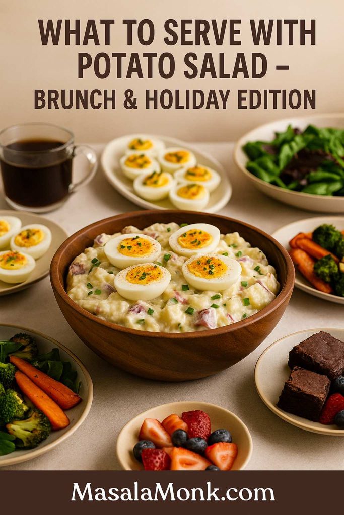 Brunch and holiday spread with a wooden bowl of creamy potato and egg salad in the centre, surrounded by deviled eggs, green salad, roasted vegetables, fresh berries, brownies and a cup of coffee, showing what to serve with potato salad for festive meals.