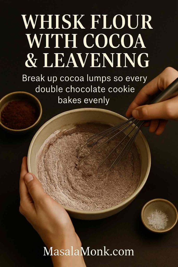 Hands whisking flour, cocoa powder, baking soda and salt together in a ceramic bowl, breaking up cocoa lumps to prepare the dry mix for double chocolate cookies.