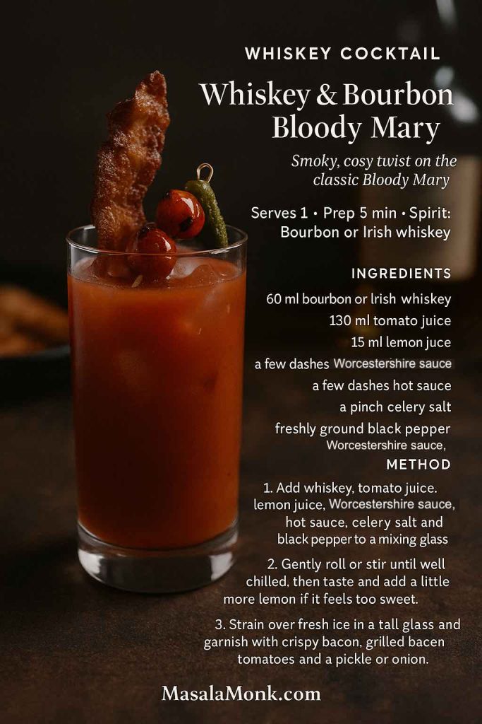 Whiskey and bourbon Bloody Mary recipe card with a tall tomato cocktail garnished with crispy bacon, grilled cherry tomatoes and a pickle on a dark rustic table, MasalaMonk.com