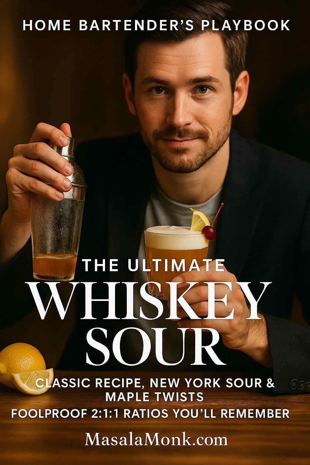 Bartender holding a whiskey sour cocktail and shaker on a wooden bar, cover image for MasalaMonk whiskey sour recipe guide
