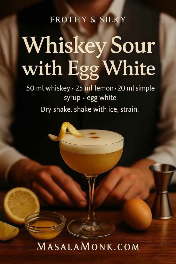 Recipe card style image showing a frothy whiskey sour with egg white in a coupe glass, with text listing 50 ml whiskey, 25 ml lemon, 20 ml simple syrup and egg white plus dry shake instructions from MasalaMonk