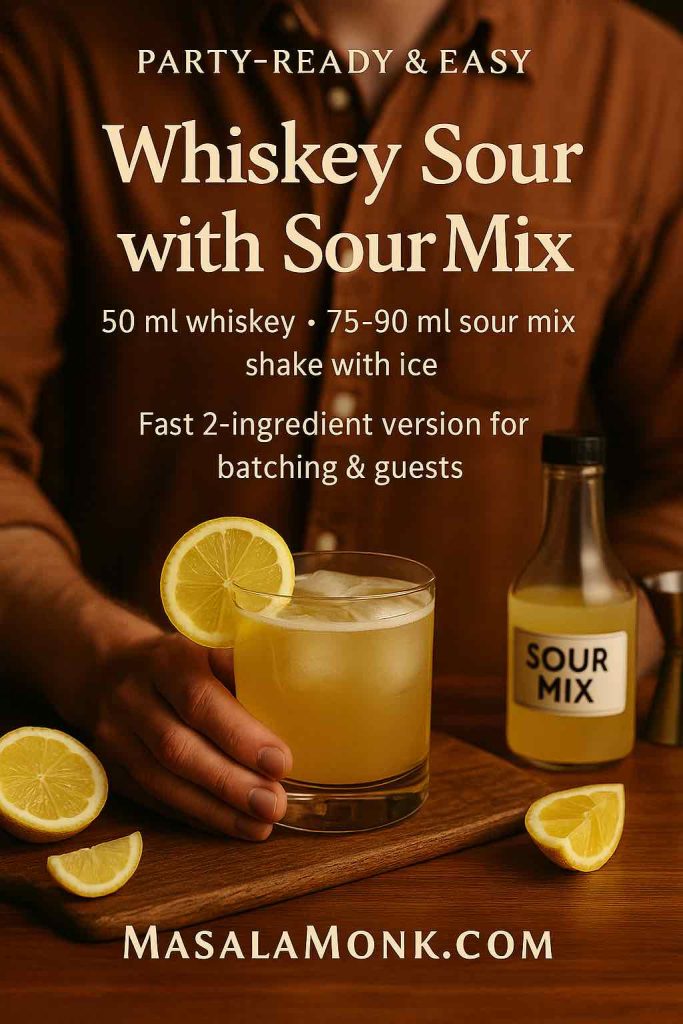 Recipe card image showing a whiskey sour with sour mix in a rocks glass garnished with lemon, held by a person in a casual shirt with a labeled sour mix bottle beside it and text listing 50 ml whiskey and 75–90 ml sour mix.