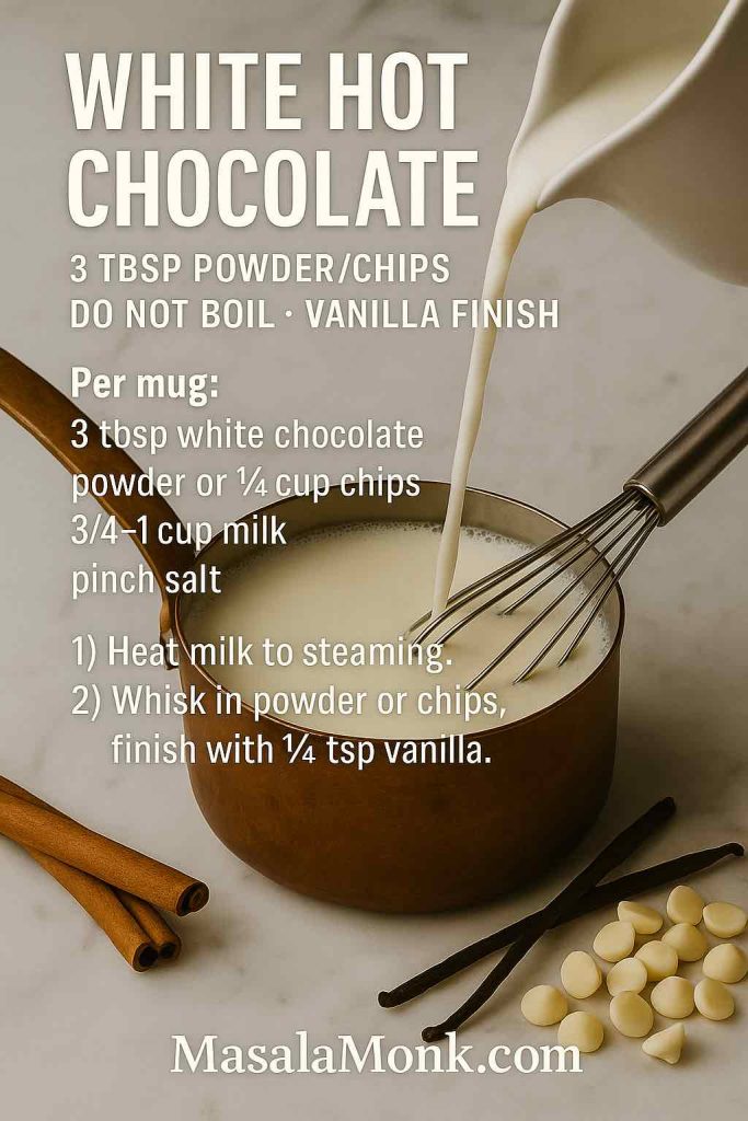 White hot chocolate recipe card: milk pouring into a copper saucepan with whisk, vanilla pod, and white chocolate chips; do-not-boil method.