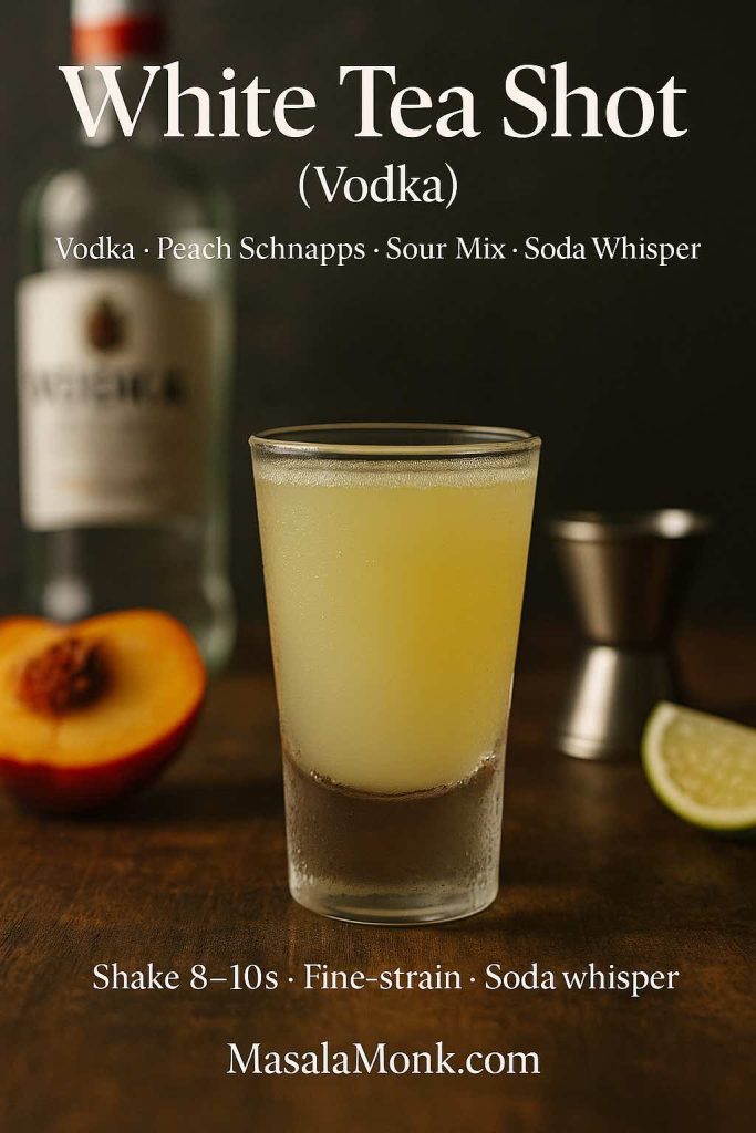 Recipe card of a White Tea Shot made with vodka, peach schnapps, and sour mix, finished with a tiny lemon-lime soda splash; frosted shot glasses and elegant bar props; MasalaMonk.com footer