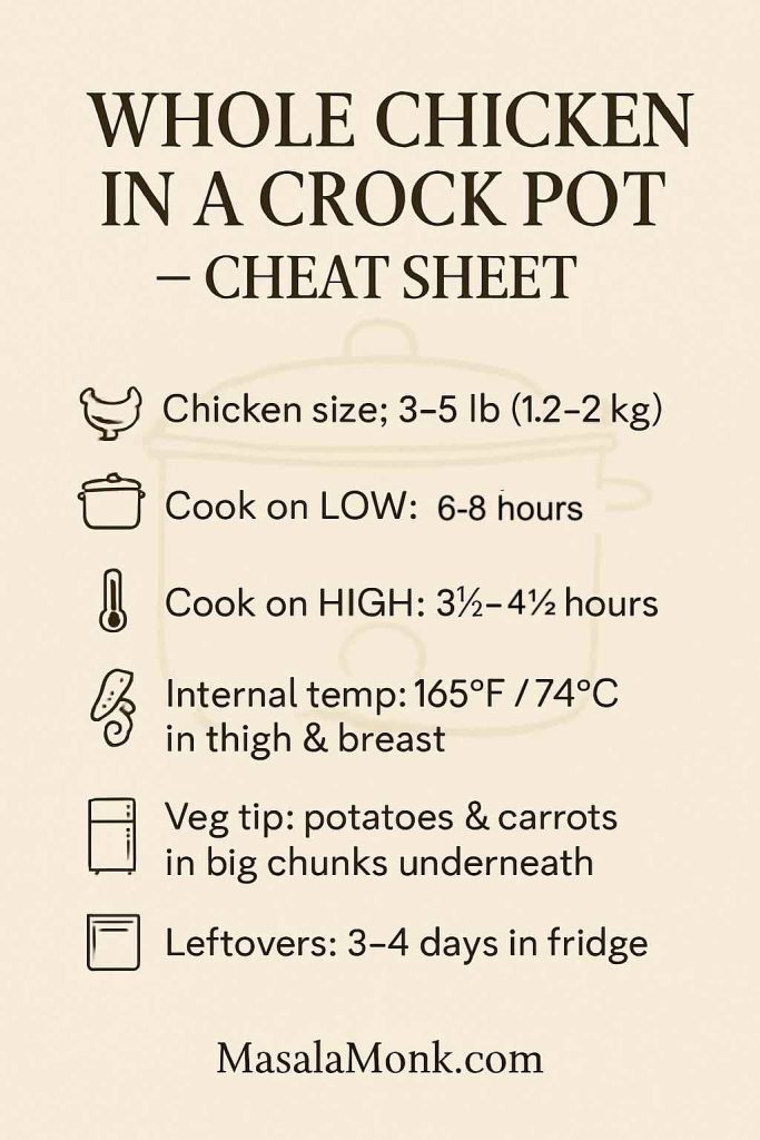 Infographic cheat sheet for cooking a whole chicken in a crock pot, showing recommended chicken size, LOW and HIGH cooking times, safe internal temperature of 165°F / 74°C, vegetable tip and how long leftovers keep in the fridge.