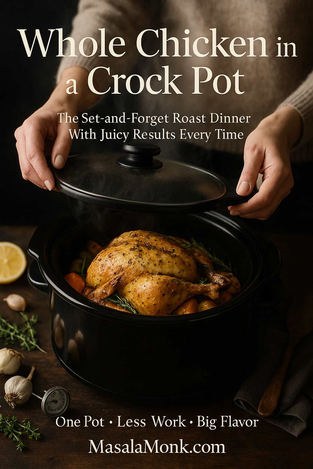 Hands lifting the lid off a black slow cooker revealing a golden whole chicken in a crock pot with potatoes and carrots, styled like a premium magazine cover with the title Whole Chicken in a Crock Pot and MasalaMonk.com at the bottom.