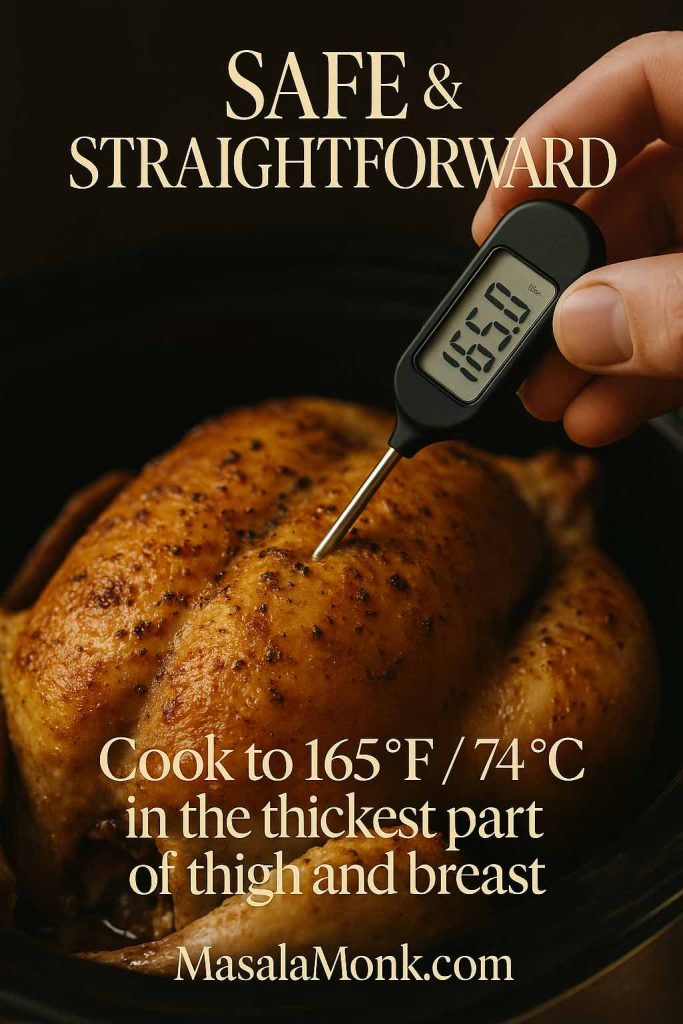 Hand checking a whole roasted chicken with a digital thermometer reading 165°F, demonstrating the safe internal temperature for slow cooker roast chicken.