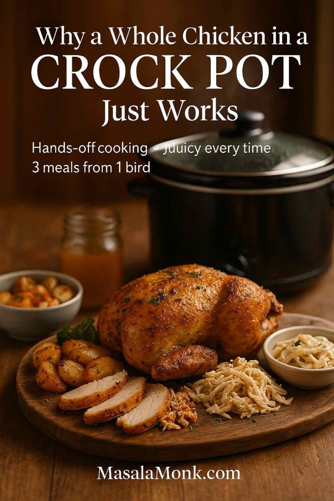 Whole roast chicken served with potatoes, shredded meat and sides in front of a crock pot, showing how a whole chicken in a crock pot makes three easy meals.