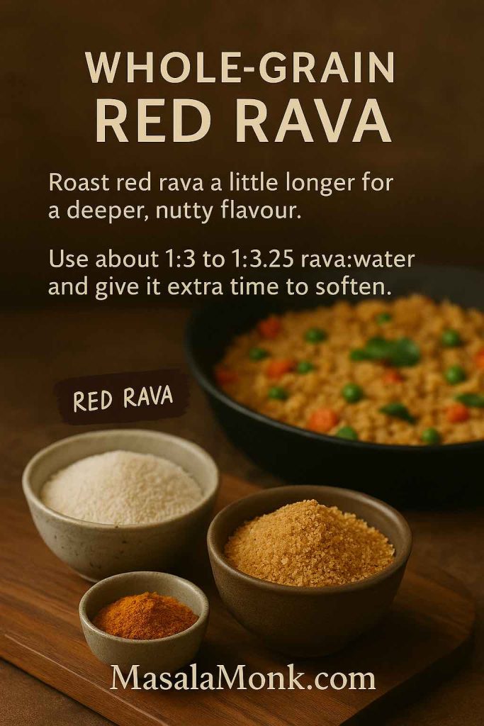 Recipe card for whole-grain red rava upma showing bowls of regular suji and coarse red rava in the foreground with a skillet of rustic red rava upma behind them, plus text explaining to roast red rava longer and use about 1:3 to 1:3.25 rava to water for a nutty, softer texture.