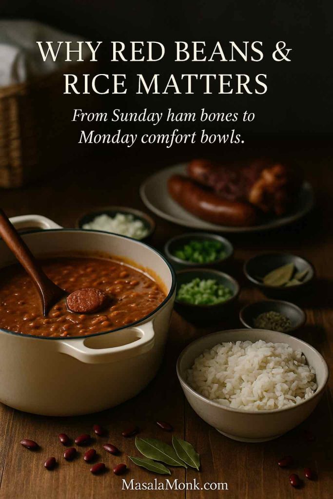 Dutch oven of creamy Louisiana red beans with rice, holy trinity vegetables and ham bone, with a blurred laundry basket in the background showing the Monday red beans and rice tradition.
