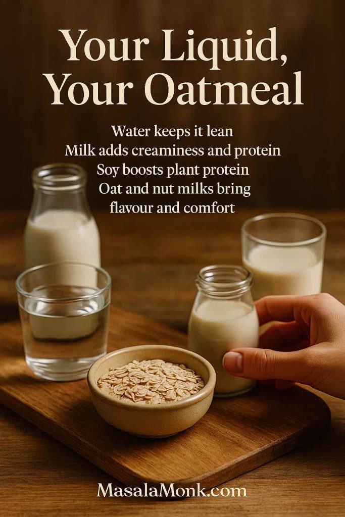Glass of water, bottles of milk, soy milk and oat milk arranged around a bowl of rolled oats with a hand reaching in, showing different liquid bases for oatmeal.