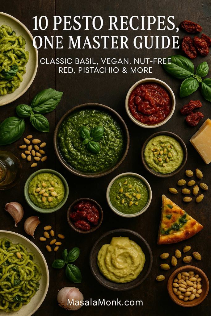 Top view of classic basil pesto surrounded by bowls of red pesto, vegan pesto, nut-free pesto and pistachio pesto with pasta and pizza.