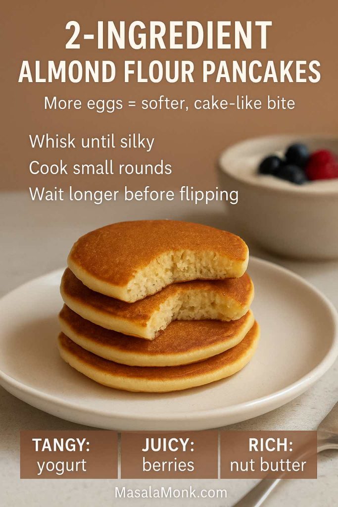 2-ingredient almond flour pancakes with a cake-like crumb and tips to whisk thoroughly, cook small rounds, and flip later, plus topping contrast ideas.
