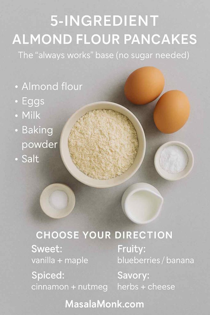 Flat-lay guide showing the five ingredients for almond flour pancakes and a “choose your direction” chart for sweet, fruity, spiced, or savory variations.