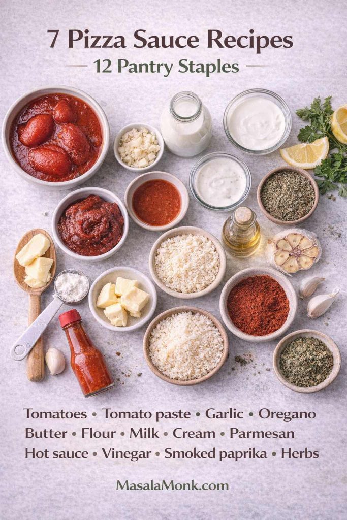 Top-down flatlay of ingredients used across 7 pizza sauce recipes, including tomatoes, tomato paste, garlic, oregano, butter, flour, milk, cream, parmesan, hot sauce, vinegar, and smoked paprika.