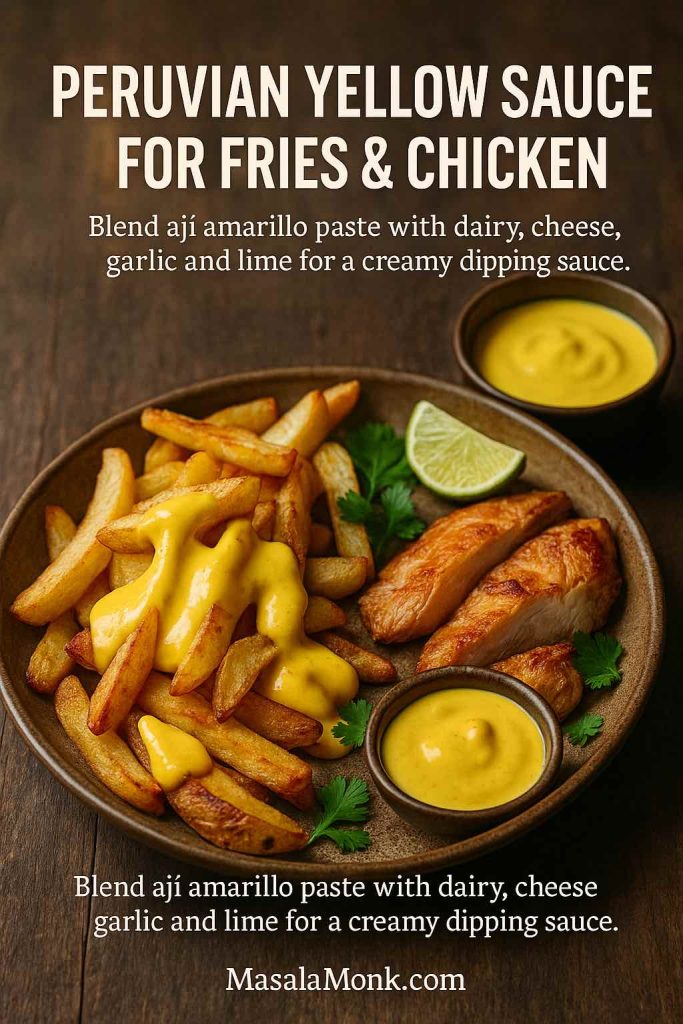 Plate of golden fries and roasted chicken pieces drizzled with creamy yellow aji amarillo sauce, with extra dipping sauce in small bowls, lime wedge and coriander on a wooden table, plus text about Peruvian yellow sauce for fries and chicken.