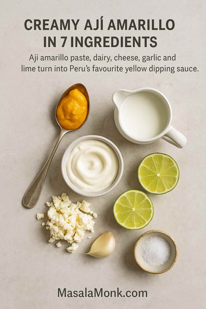 Overhead view of ingredients for creamy aji amarillo sauce including a spoonful of yellow aji amarillo paste, a bowl of mayonnaise or yogurt, a small jug of milk, lime halves, crumbled cheese, a garlic clove and a pinch bowl of salt on a light background with text about seven ingredients.