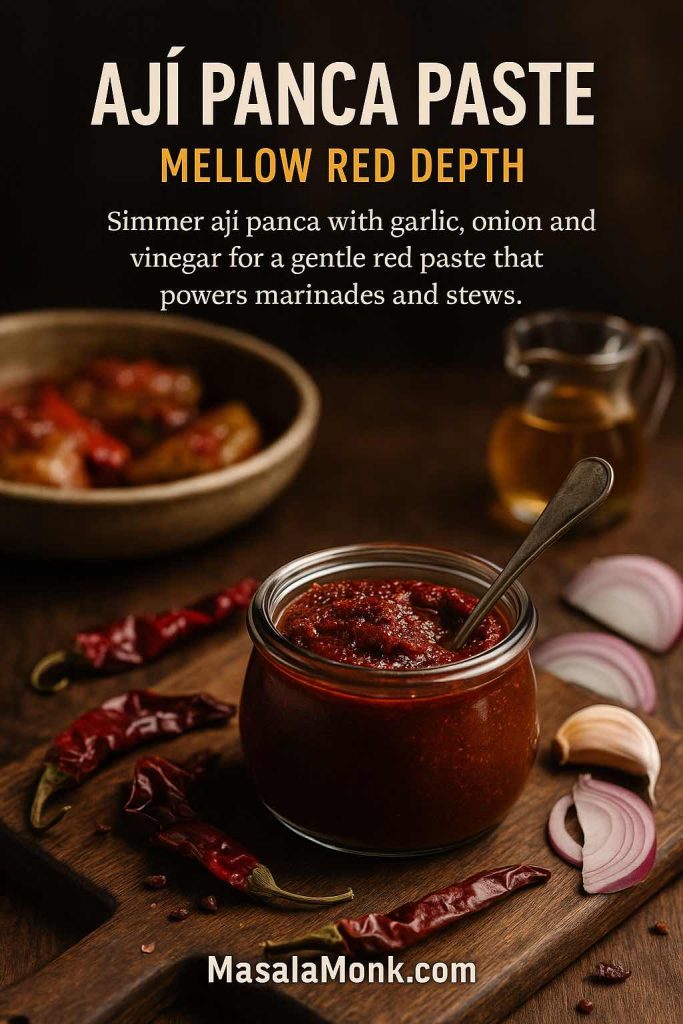 Jar of deep red aji panca paste with a spoon on a wooden board, surrounded by dried red chilies, garlic, onion slices and a small jug of vinegar, with a dish of food coated in the sauce in the background.