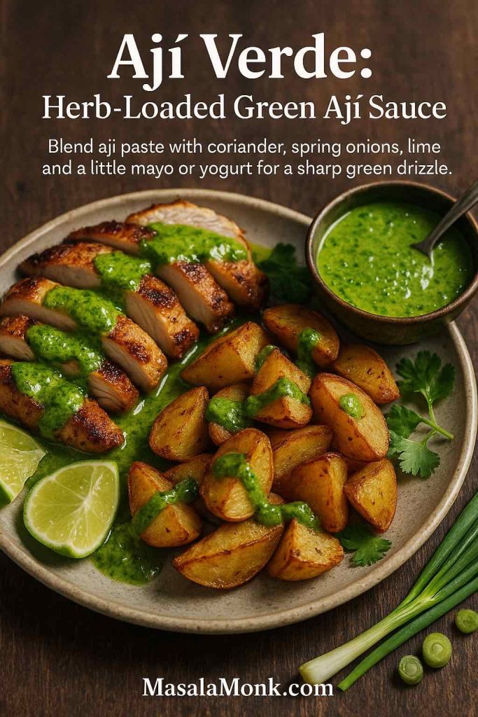Plate of grilled chicken slices and roasted potato wedges drizzled with bright green aji verde sauce, with a bowl of the Peruvian green sauce, lime wedges, coriander and spring onions on a wooden table and recipe text overlay.