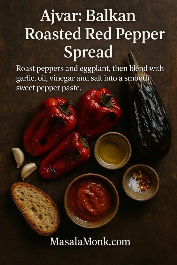 Overhead view of ingredients for ajvar roasted red pepper spread, including charred red peppers, a roasted eggplant, garlic cloves, olive oil, vinegar, salt, chili flakes and a slice of rustic bread on a dark background.