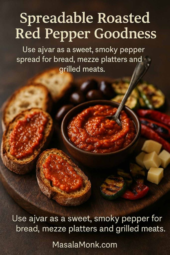 Bowl of glossy ajvar roasted red pepper and eggplant spread on a wooden board with toasted bread topped with ajvar, grilled vegetables, olives and cheese cubes, with text describing it as a sweet smoky pepper spread.