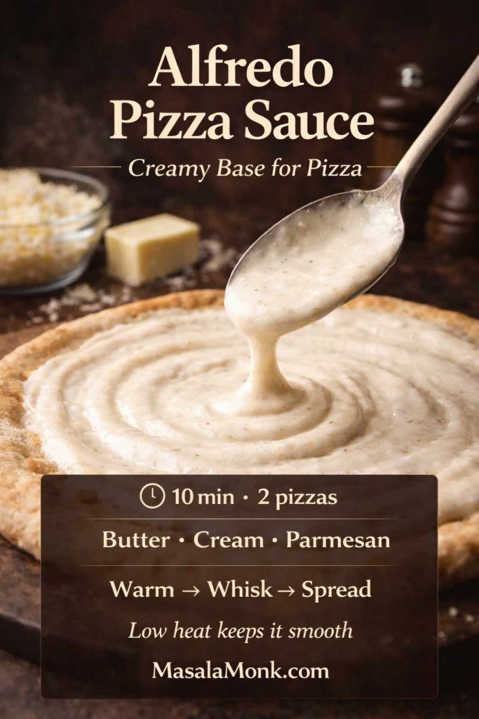 Alfredo pizza sauce recipe card showing creamy Alfredo being spooned onto pizza dough with quick steps, time, yield, and key ingredients (butter, cream, parmesan).