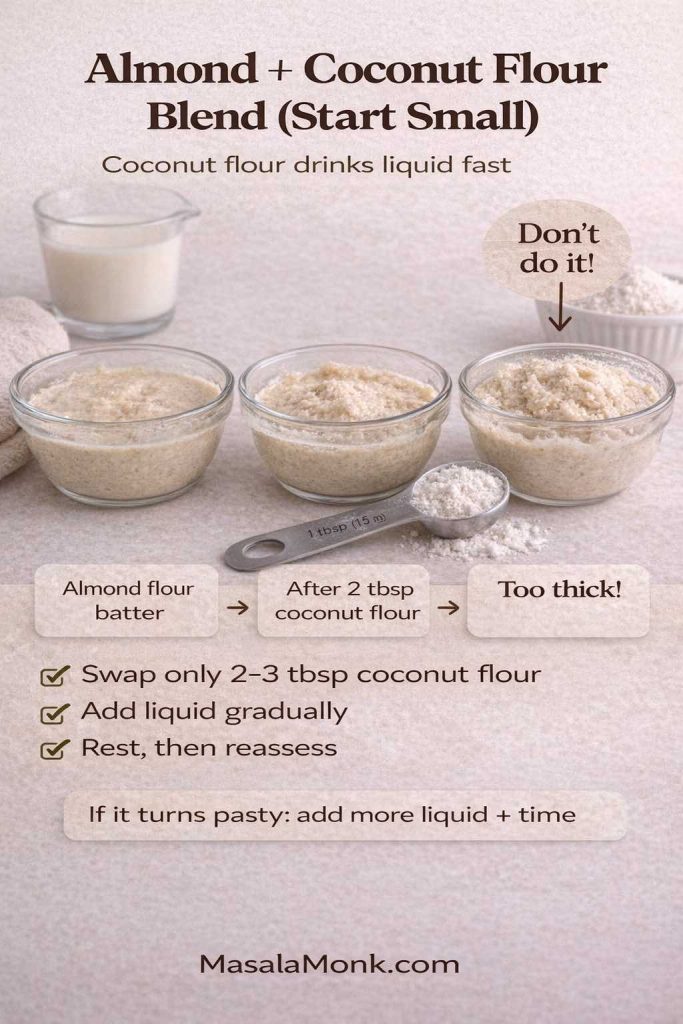 Guide showing almond and coconut flour pancake batter blend with bowls comparing thickness and tips to swap only 2–3 tablespoons coconut flour, add liquid gradually, and rest before adjusting.