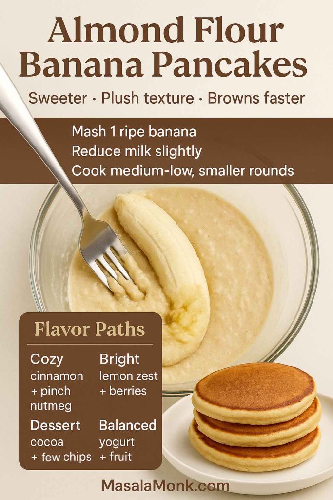 Almond flour banana pancake guide showing mashed banana in batter, tips to reduce milk and cook smaller rounds, plus cozy, bright, dessert, and balanced flavor options.