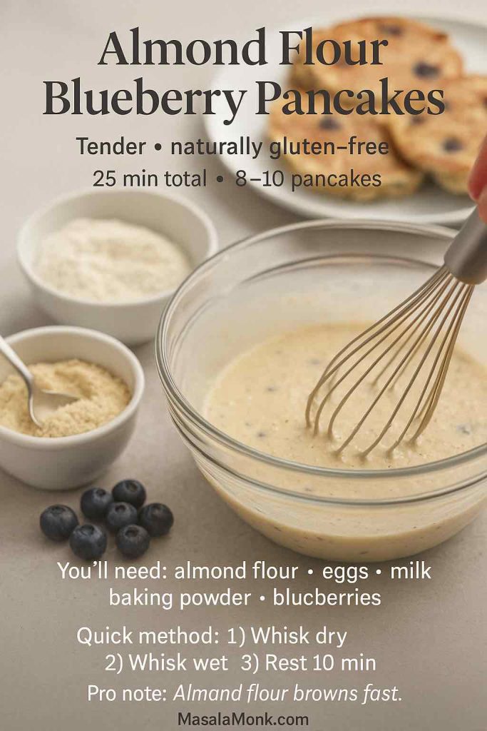 Almond flour blueberry pancakes recipe card showing almond flour batter being whisked with blueberries, with a note to cook on medium-low heat because almond flour browns quickly.