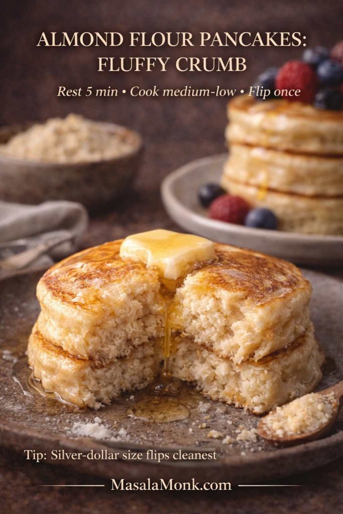 Close-up of almond flour keto pancakes torn open to show a fluffy crumb with melting butter, plus text tips to rest batter 5 minutes, cook medium-low, and flip once.