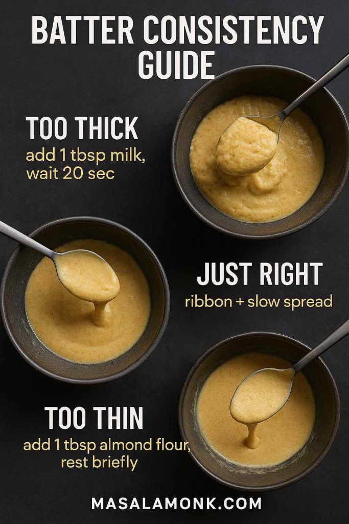 Visual guide showing almond flour pancake batter consistency: too thick, just right, and too thin, with quick fixes for each.