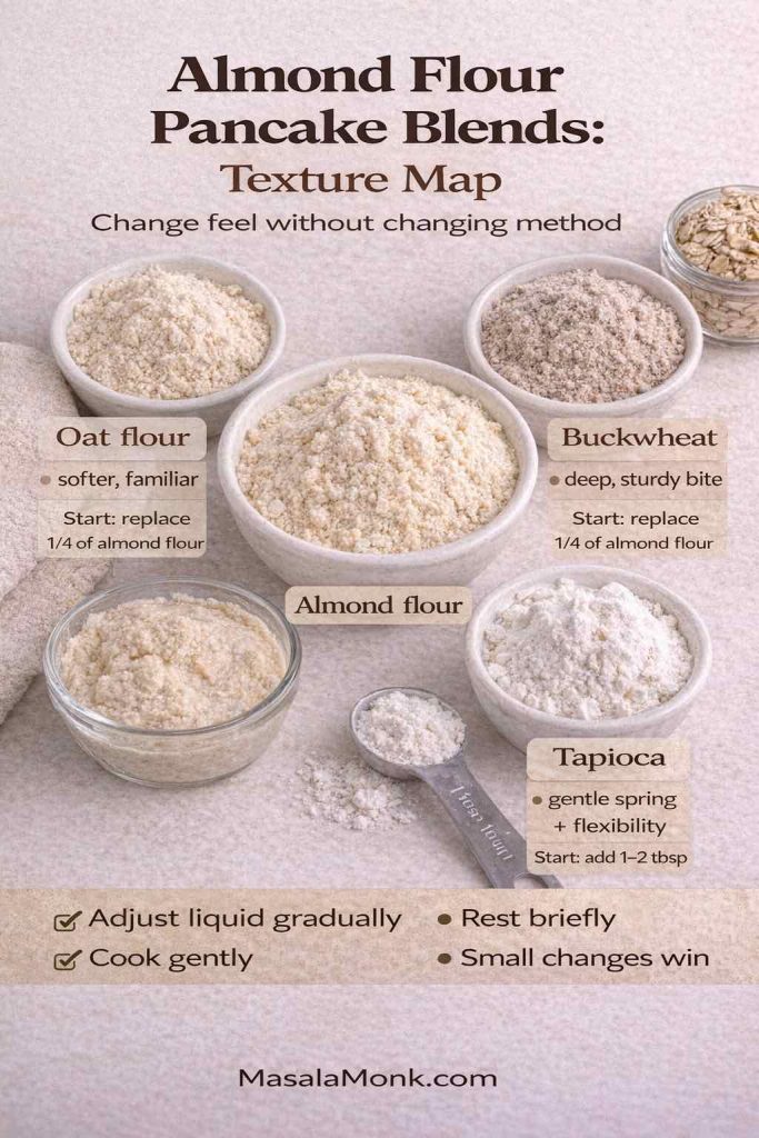Texture map for almond flour pancake blends showing oat flour, buckwheat flour, and tapioca with beginner starting ratios and tips to adjust liquid gradually and rest batter.
