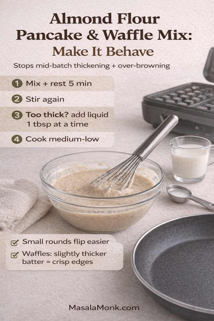 Almond flour pancake and waffle mix guide showing a 4-step routine to rest batter, stir again, add liquid 1 tablespoon at a time, and cook on medium-low.
