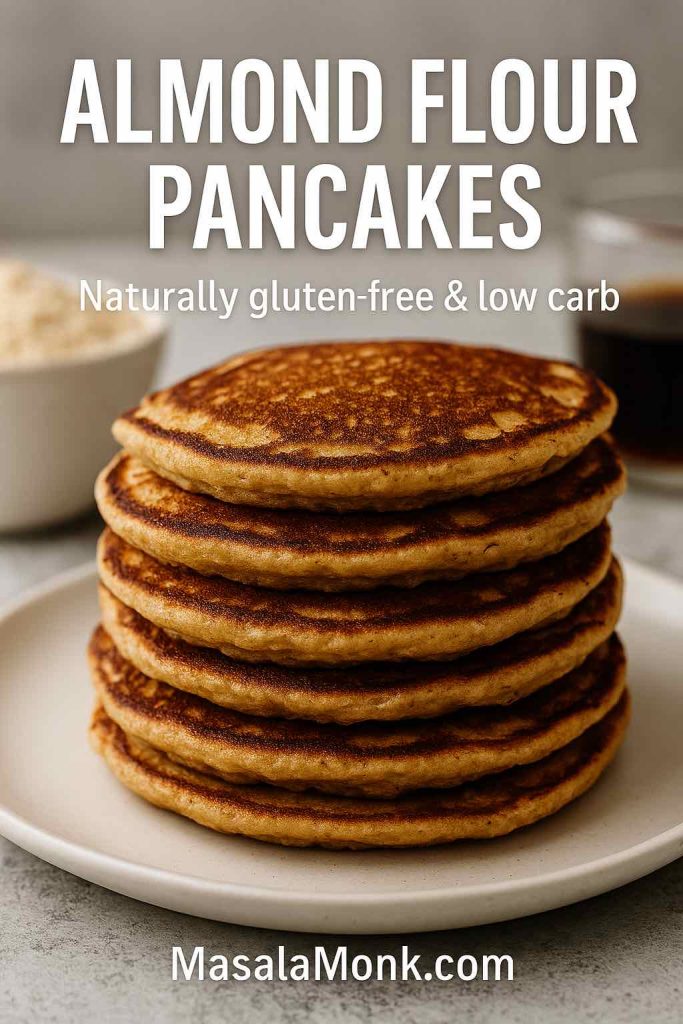 Stack of almond flour pancakes on a plate with text overlay highlighting gluten-free and low-carb breakfast.