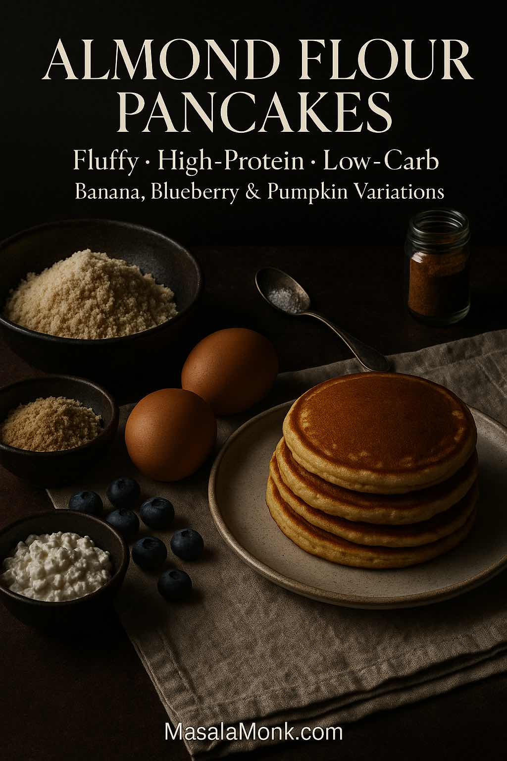 Dark, Vogue-style portrait cover featuring a stack of almond flour pancakes with almond flour, eggs, blueberries, cottage cheese, and spices, with elegant headline text and MasalaMonk.com in the footer.