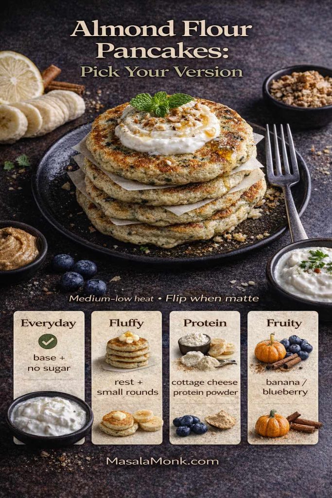 Closing guide image showing almond flour pancakes with options to choose your version—everyday base, fluffy, protein, or fruity—with a tip to cook on medium-low and flip when matte.
