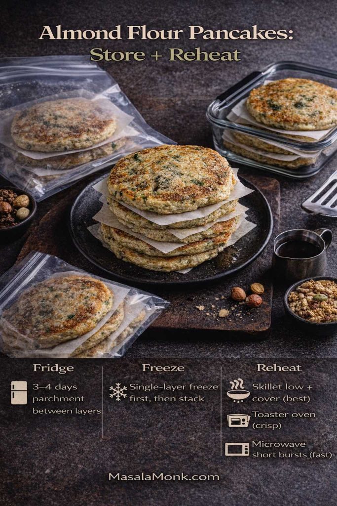 Meal prep guide for almond flour pancakes showing how to store in the fridge, freeze with parchment between layers, and reheat using skillet, toaster oven, or microwave.