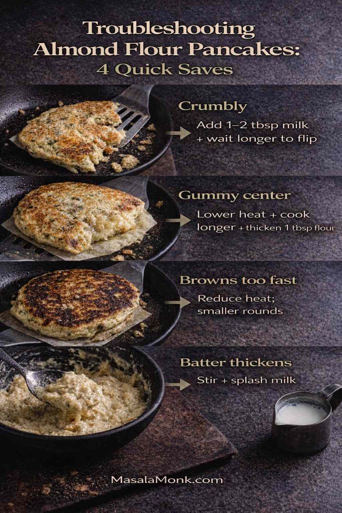 Troubleshooting guide for almond flour pancakes showing four common problems—crumbly, gummy center, browns too fast, and batter thickens—with quick fixes.
